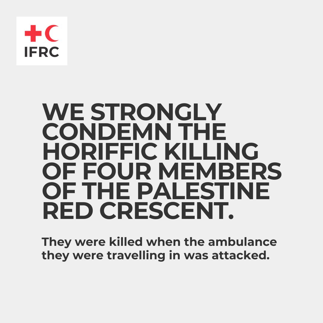 We strongly condemn the killing of four members of the <a href="/PalestineRCS/">PRCS</a>. Their ambulance was hit on Salah al-Din Street at the entrance of Deir al-Balah in the middle of the Gaza Strip. This is unacceptable.

We express our profound sadness &amp; send our deepest condolences to those