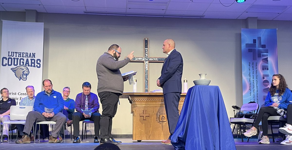 LutheranCougars's tweet photo. Today at Chapel, LHS installed Dr. Kuhlmann as our Head of School. Many thanks to Rev. Ryan Taylor from Immanuel - St. Charles, Circuit Visitor for St. Charles County, for performing the service of installation. 

Rev. Mark Rouland from Zion Lutheran shared the message spoke about the model of servant leadership that we see in Jesus, and also spent time encouraging LHS students to consider church work careers. It’s incredibly rewarding!

Thank you to our Board of Directors and Association Pastors for attending and supporting our students, faculty, and staff for this special occasion. We are excited about Dr. Kuhlmann and Principal Dr. Bernhardt and the future of our ministry! 

Congratulations, Dr. Kuhlmann!