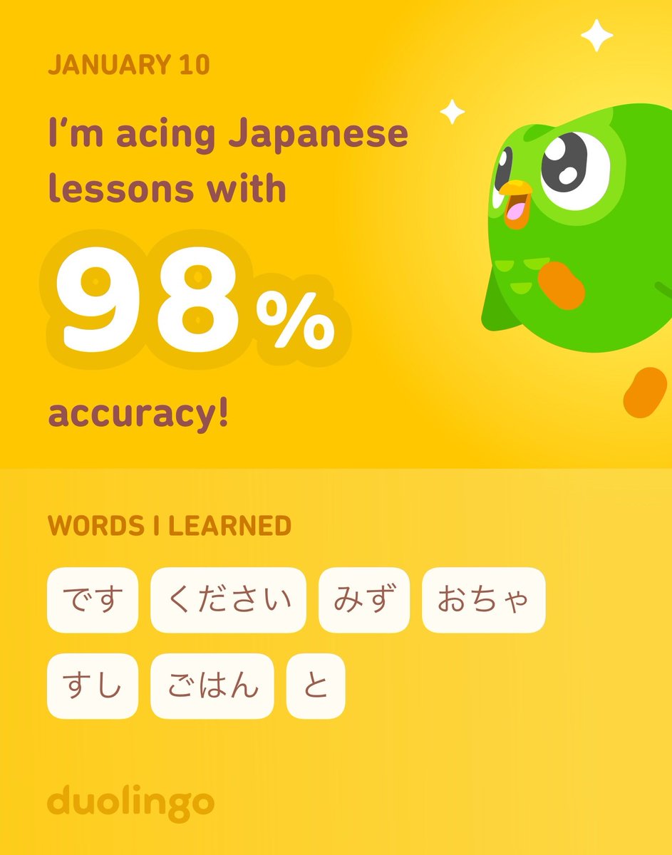 ccfast13's tweet photo. I’m learning Japanese on Duolingo! It’s free, fun, and effective. https://t.co/14uMu19zxX