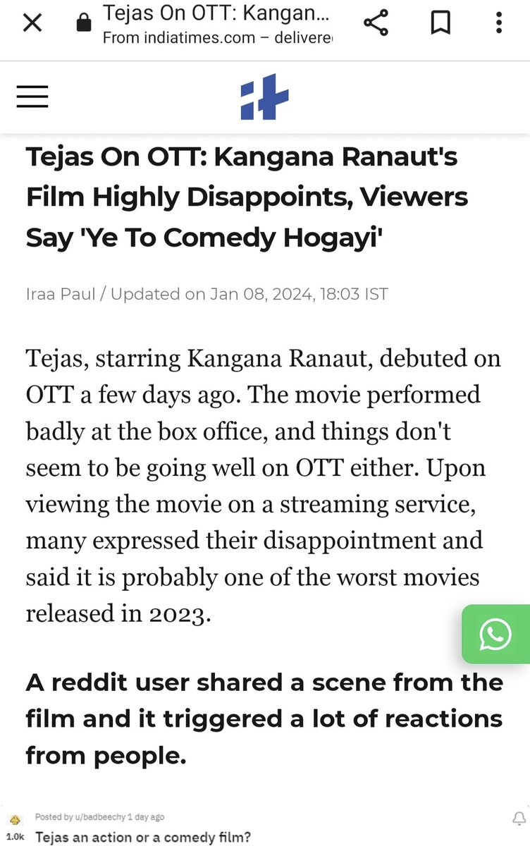 imfilmycom's tweet photo. After a super flop theatrical run, #KanganaRanaut starrer #Tejas is a filthy flop on OTT too

Here's an article from #IndiaTimes about the badly made movie's performance on OTT platform @KanganaTeam 😐 https://t.co/Ze0P9BDdh6