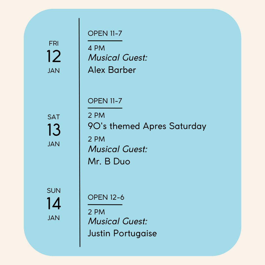 Get ready to kick off ski season with us! Alex Barber gets the party started on Friday. Then join us for our FIRST Apres Saturday, with food from Mamacita Tacoria, live music from Mr. B and more! Finish with Justin Portugaise on Sunday. Ski you there! ❄️🍻 #SideLaunch