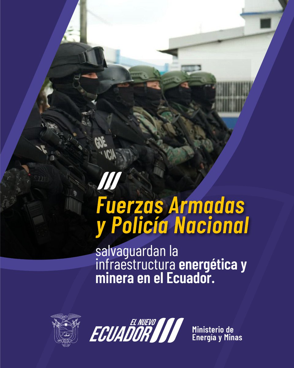 ViceminEnergia's tweet photo. 📌¡IMPORTANTE!📍

🔶Gracias al trabajo articulado entre @FFAAECUADOR y @PoliciaEcuador 👮🪖, se salvaguarda la infraestructura eléctrica⚡️, hidrocarburífera 🛢️ y minera ⛏️ que es indispensable para el desarrollo de la economía 💵 ecuatoriana. 

#ElNuevoEcuador 🇪🇨 https://t.co/vACLIlm3Mj