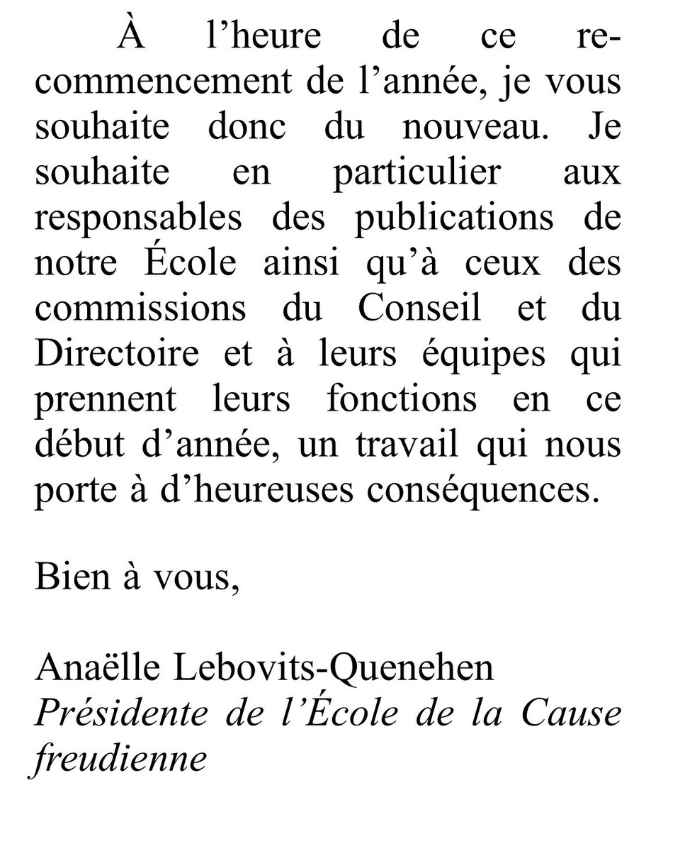 ✉️Anaëlle Lebovits-Quenehen, Présidente de l’École de la Cause freudienne,vous présente ses vœux pour la nouvelle année 2024✉️