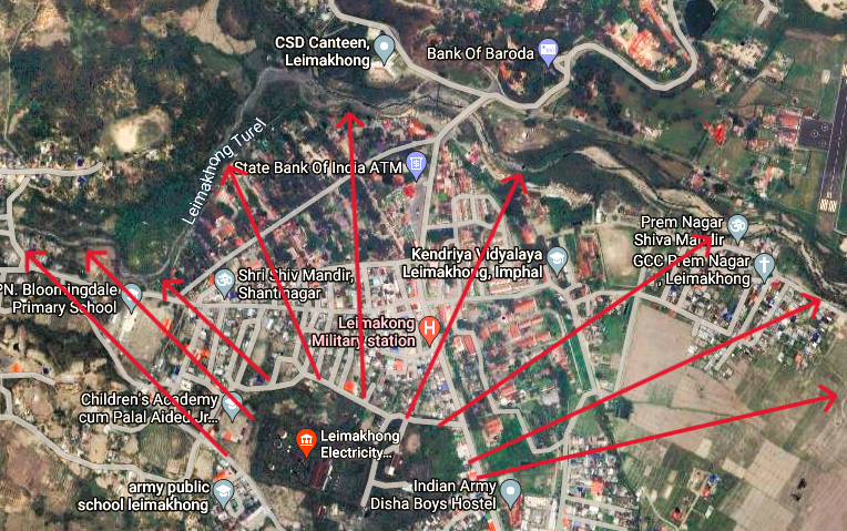 debanishachom's tweet photo. Some questions on the oil leak from Leimakhong’s defunct heavy fuel power project:

The nearest point from the river to the defunct power plant is 450 metres; the farthest (within Leimakhong) to the river is 2.5 km.

If the oil leak has to reach the river, it would have to pass through a crowded area - schools, churches, a small market, etc.

It is not known where the oil was stored, whether underground or in the tanks (visible on the map) which are in a state of disrepair. You can safely rule out a surface oil leak as the streets would have been ‘oiled’ by now.

An underground storage leak, however, would need a massive amount of oil to seep to the river. This dead power project had a few tanks of oil left, publicly available information shows.

How did the oil leak into the river would be a matter of investigation then. #Manipur #Leimakhong