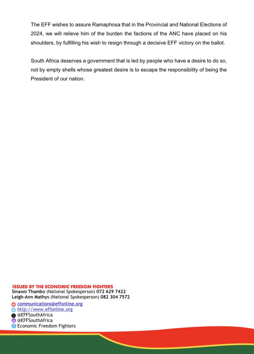EFFSouthAfrica's tweet photo. EFF Statement On The Confirmation By The ANC Secretary General Fikile Mbalula That Cyril Ramaphosa Had Resigned As President of South Africa. https://t.co/rAHW2Q2Caa