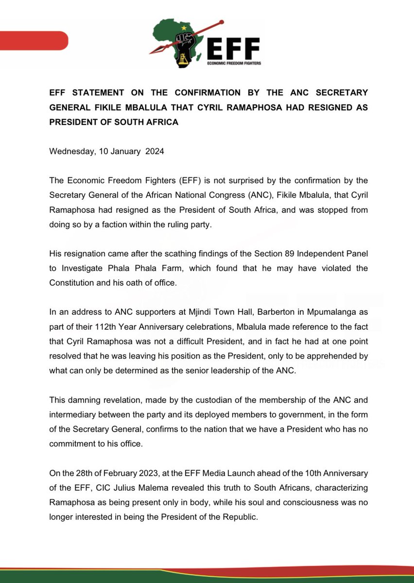 EFFSouthAfrica's tweet photo. EFF Statement On The Confirmation By The ANC Secretary General Fikile Mbalula That Cyril Ramaphosa Had Resigned As President of South Africa. https://t.co/rAHW2Q2Caa