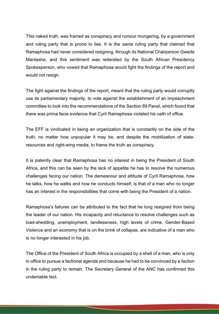 EFFSouthAfrica's tweet photo. EFF Statement On The Confirmation By The ANC Secretary General Fikile Mbalula That Cyril Ramaphosa Had Resigned As President of South Africa. https://t.co/rAHW2Q2Caa
