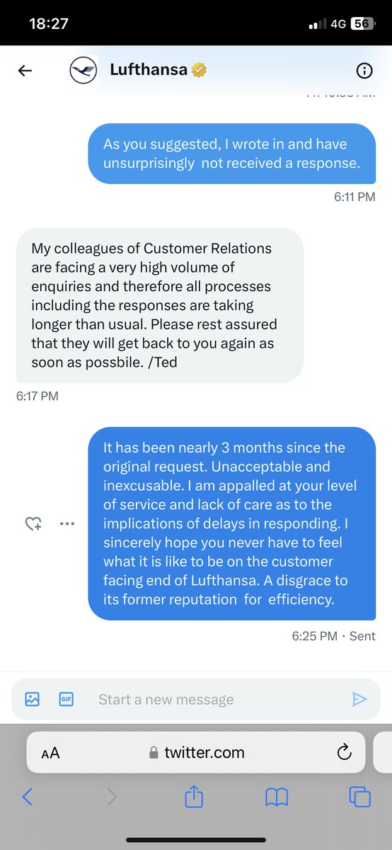 michael_lurie's tweet photo. @ Lufthansa 

And the saga continues. Excuses for not responding. Unacceptable. I wonder how they don’t see how the customer feels by this treatment. https://t.co/iqq75RcFEm