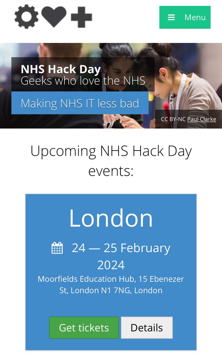 🎊🎉 

<a href="/NHSHackDay/">NHS Hack Day</a>  is coming to Moorfields Eye Hospital, London in February 24-25, 2024!

We are so excited to #host the first #hackday of 2024!

Have you ever thought “man I wish there is a #digital #solution to that?”

Then join us and innovator 🙌

nhshackday.com