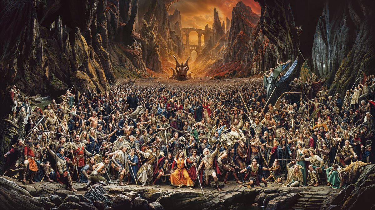 Decided to make an even larger fantasy group shot using @Magnific_AI’s 8x upscaling/refining. Final res: 11,648 x 6528. Closeups and original image below. Shout out again to @javilopen & Emilio for this epic product that opens up a lot of workflow options! 🧵👇1/7: