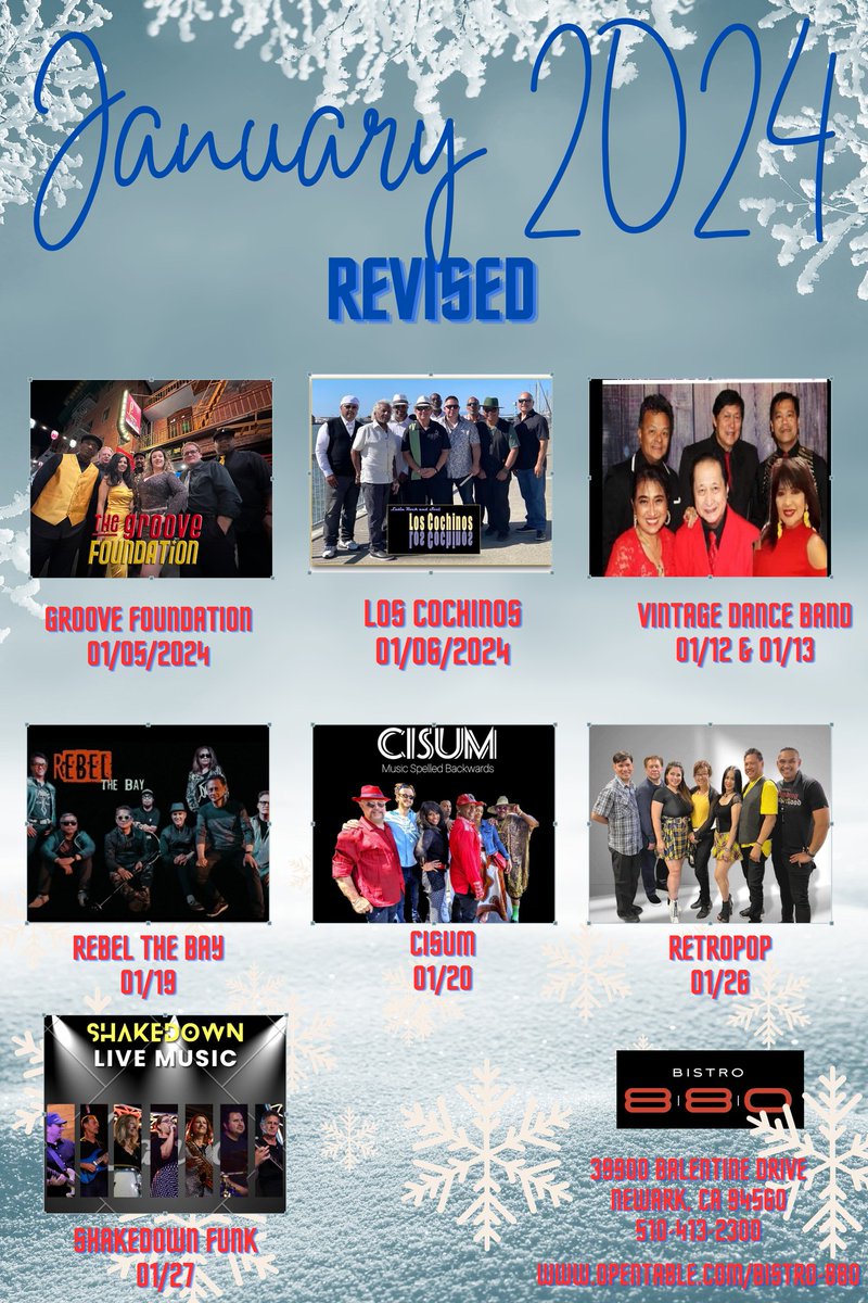 DoubleTreenwkfr's tweet photo. Checkout our REVISED Bistro 880 Entertainment Schedule for the month of January 2024!
#bistro880 #localentertainment #Entertainment #bands #newarkca #newarkcalifornia #fun #TheWeekend #weekendfun #fridays #saturdays #music #latinrock #upcomingevents #newyears2024 #January2024 https://t.co/ydgwcBxod9