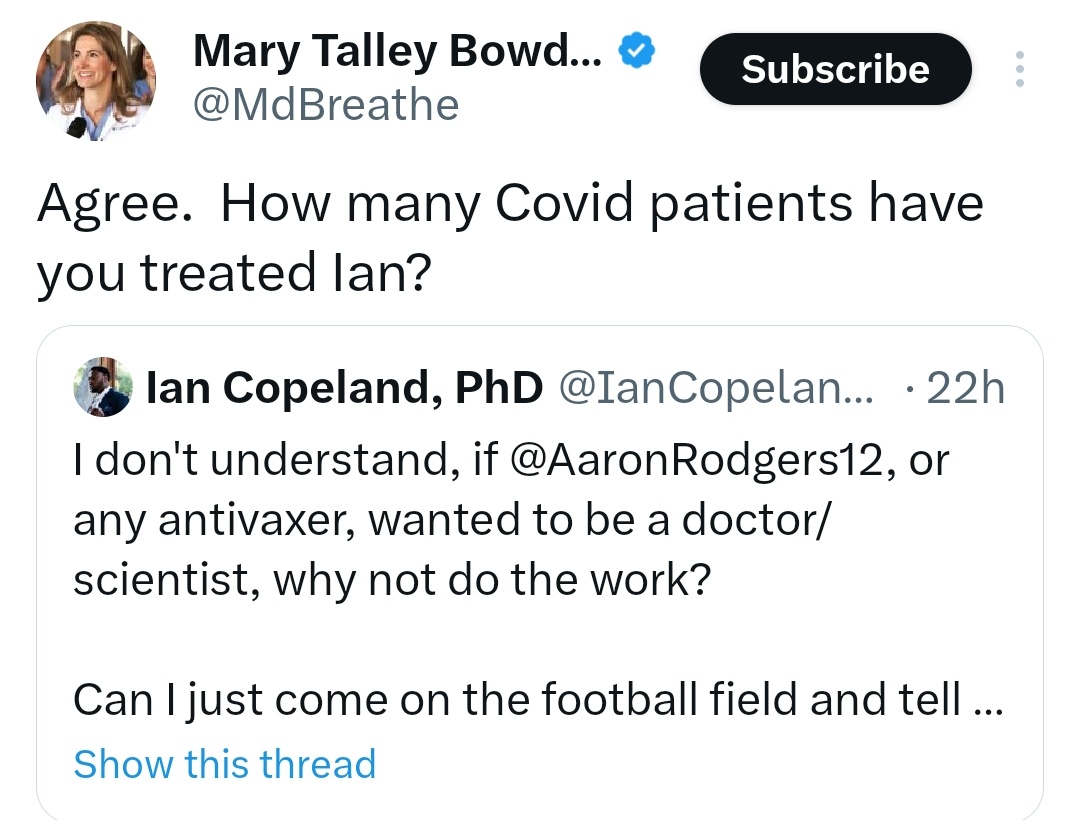 Mary, i'm a scientist. Of course I don't treat patients. The question is, do YOU TREAT PATIENTS? Didn't you get your license suspended for your antivax nonsense? How is that going sweety? (link provided, I always have evidence) @MdBreathe 🤔🫣🫢🤭 medpagetoday.com/special-report…