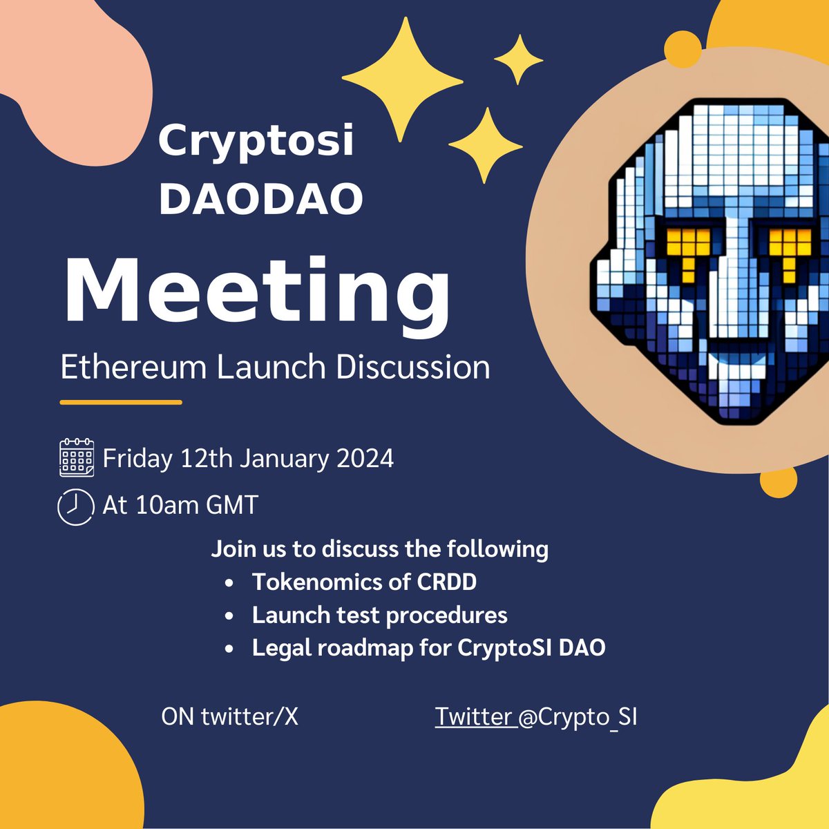 Crypto_SI's tweet photo. 🚀 Exciting News! Join us for a pivotal discussion on #Cryptosi DAODAO 🌐
📅 Date: Friday, 12th January 2024
⏰ Time: 10am GMT
📍 Location: Twitter @Crypto_SI
🔥 Topics:
Tokenomics of CRDD
Launch test procedures
Legal roadmap for CryptoSI DAO
https://t.co/fgRglWlJMD https://t.co/RFK92IzQUA