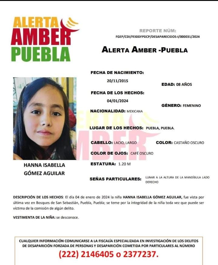 laredcincoradio's tweet photo. #ServicioSocial 🔎 || Activan #AlertaAmber para localizar a la niña Hanna Isabella Gómez Aguilar de 8 años de edad. Fue vista por última vez en Bosques de San Sebastián, #Puebla #LaRedCincoRadio https://t.co/oOG3TUvuzo