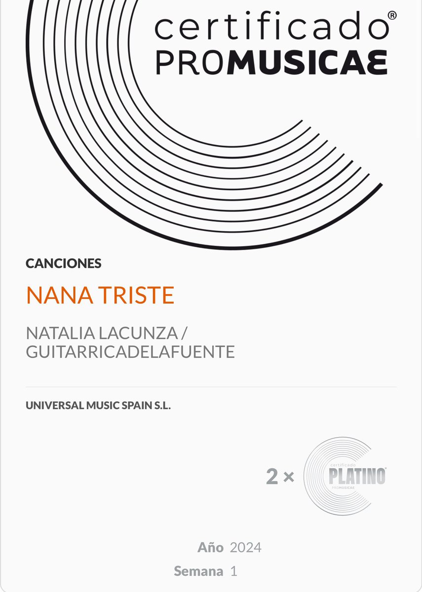 📀 “Cuestión de Suerte” ha sido certificada con disco de oro tras haber vendido ¡más de 30k unidades!
“Nana Triste” también ha recibido la certificación de doble platino tras haber vendido ¡más de 120k unidades!

Felicidades, Natalia ❤️❤️#Felices25Natalia