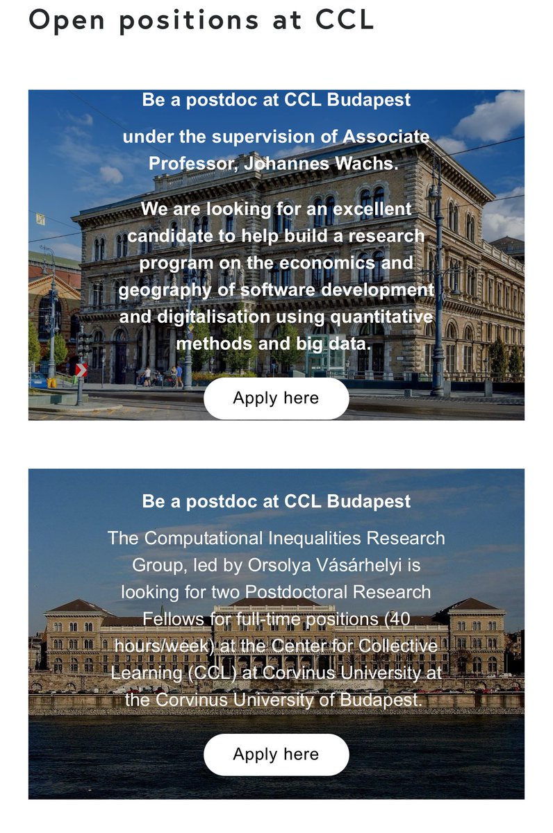 César A. Hidalgo (@cesifoti) on Twitter photo We are looking for three postdocs at the Center for Collective Leaning. These are two and a half years EU funded appointments at Corvinus University working with two rising stars: <a href="/Orsi_Vasarhelyi/">Orsi Vasarhelyi</a>, head of the Computational Inequality group, and <a href="/Johannes_Wachs/">Johannes Wachs</a> working on social We are looking for three postdocs at the Center for Collective Leaning. These are two and a half years EU funded appointments at Corvinus University working with two rising stars: <a href="/Orsi_Vasarhelyi/">Orsi Vasarhelyi</a>, head of the Computational Inequality group, and <a href="/Johannes_Wachs/">Johannes Wachs</a> working on social