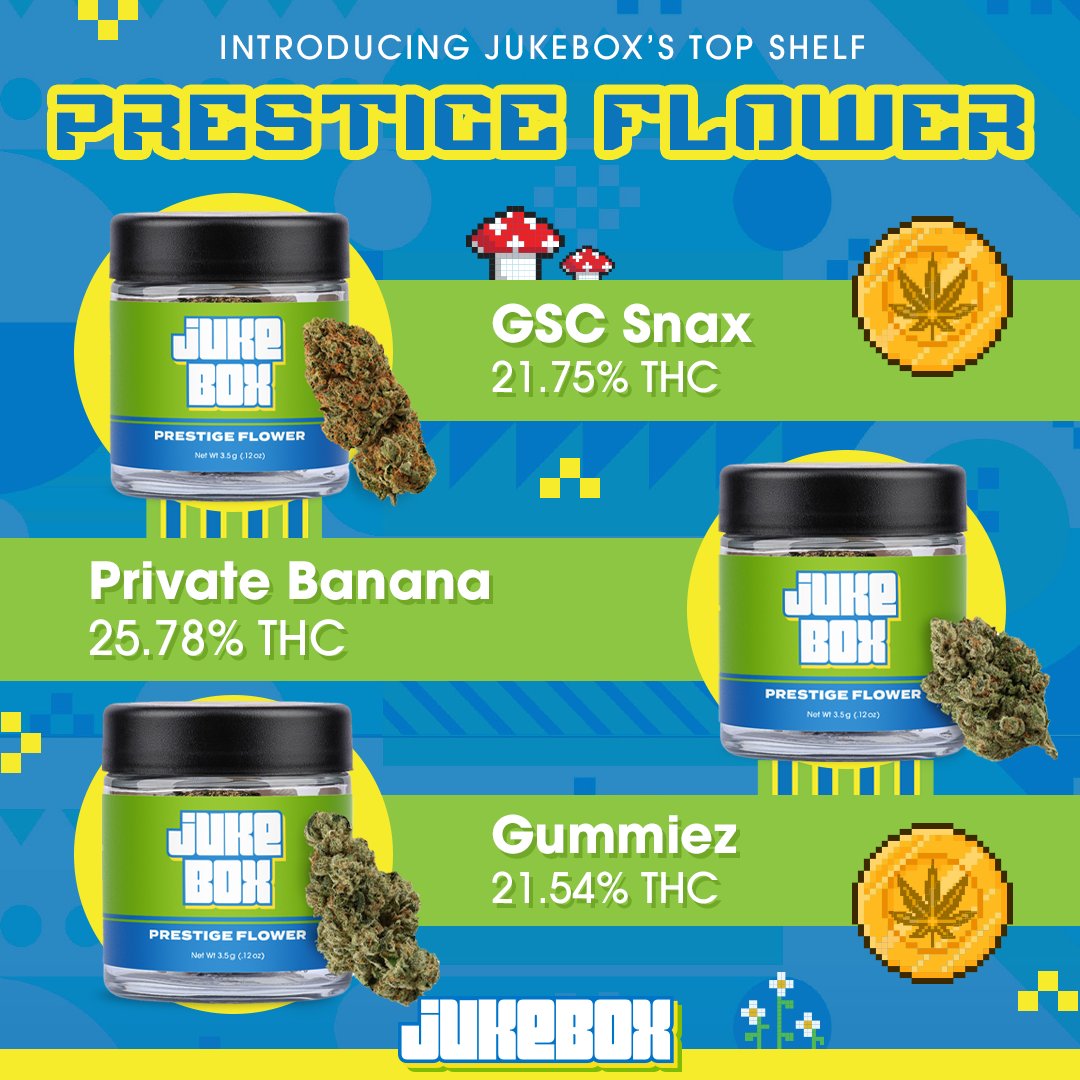 livewithsol_'s tweet photo. Introducing Jukebox Top Shelf Prestige Flower 👾

With all strains testing above 20% THC this flower will launch you into an otherworldly high👽️🚀

Strains: GSC Snax, Private Banana, El Chivo #5, Coffee Creamer https://t.co/rUmFcAnkjA