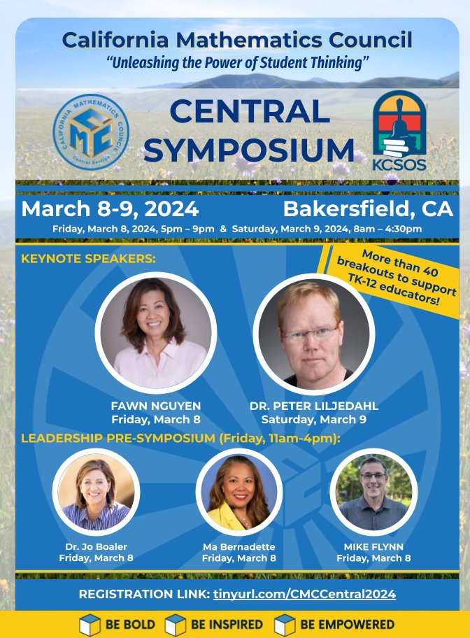 🌟 Ready to unleash the power of student thinking? Join us at the CMC Central Symposium! youtu.be/YmUotujQP30?si…
📅 Save the Date: March 8-9
📍 Location: Bakersfield, CA
🔗 Explore our exciting program and reserve your spot!
tinyurl.com/CMCCentral24
#cmcmath #iTeachMath #MTBoS