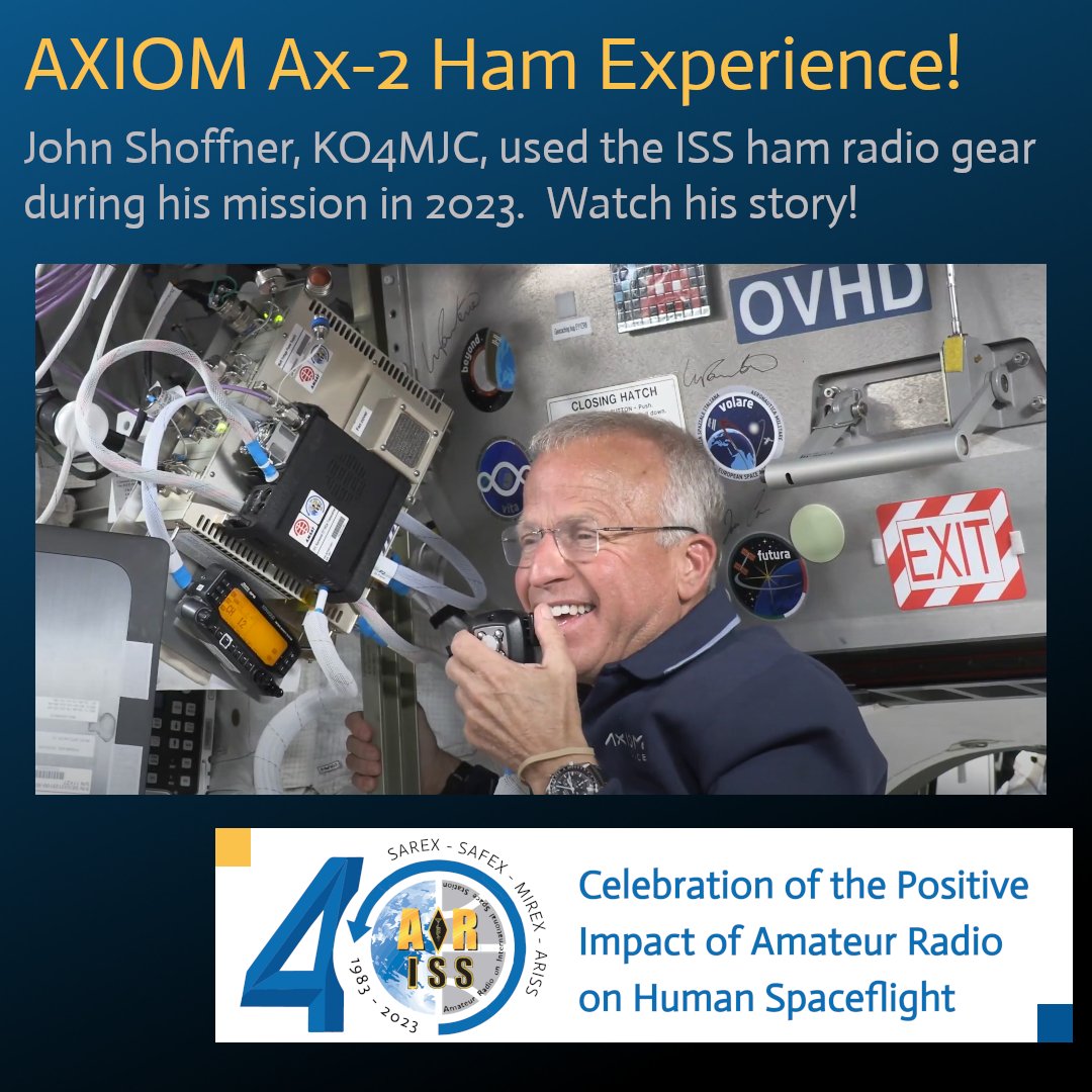 Last year, @johnpshoffner was the pilot on #Ax2 the @AxiomSpace mission to the ISS. We were glad to bring a smile to his face during a ham radio experience with his childhood school. Watch his story at youtube.com/watch?v=rZy97_… and watch for next week’s #Ax3 launch!