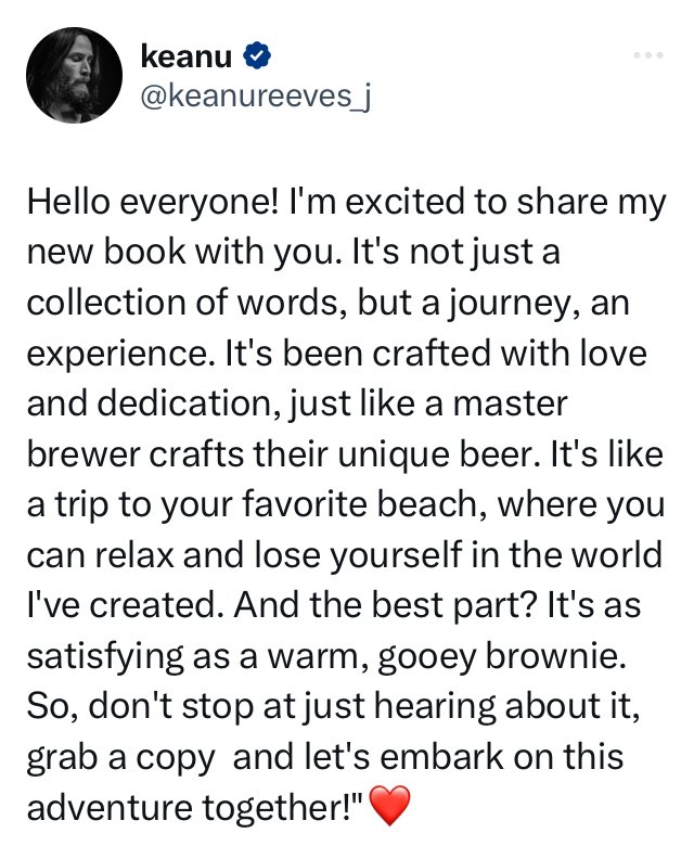 Hello @keanureeves_j 
I'm also excited 🙃 ☺️
to share my tweet about your book with You personally. 
#TheBookOfElsewhere