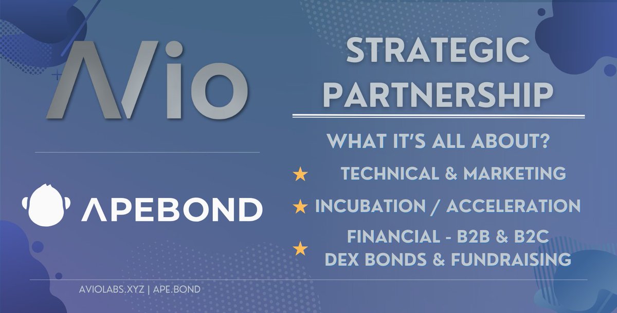 AVioFoundation's tweet photo. #AVio's commitment to #project #lifecycle extends to #enterprise and #startup alike.
Through our #Genesisprogram we are glad to announce our strategic partnership with @ApeBond providing an exclusive #bond program offerings strengthening our full cycle financial offerings. https://t.co/IsFMpX9CyX
