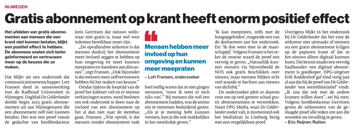 Wow! Wat begon met de OU, De Limburger en <a href="/heerlen_noord/">Nationaal Programma Heerlen Noord</a> (3.000 abonnementen, 4 jaar lang) is verrijkt door De Gelderlander (175 abonnementen in het jubileumjaar) kent (nu al) positief wetenschappelijk fundament. 👌 #krant #krantvandebuurvrouw