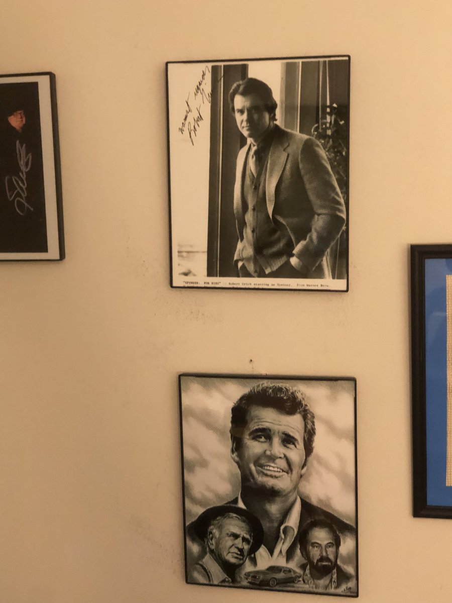 Had to hang these photos of two of my heroes on the wall.  Spenser and Jim Rockford.  The autographs are reprints.  No way in hell would I pay for an original 😂. #spenserforhire #roberturich #averybrooks #therockfordfiles #jamesgarner #detective