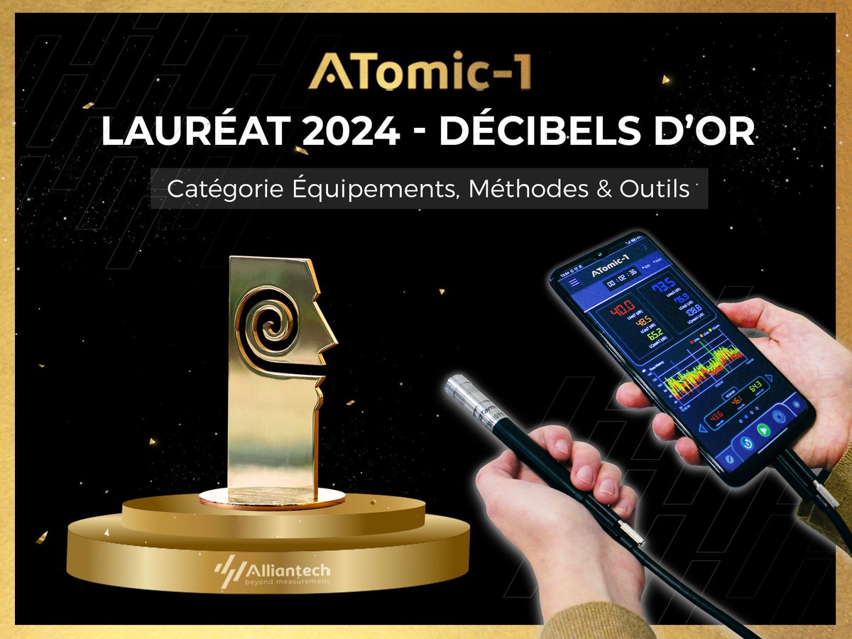 Alliantech_com's tweet photo. 🔥 QUE DU BONHEUR 🔥 Le sonomètre ATomic-1 est LAURÉAT du concours des DÉCIBELS D’OR 2024 dans la catégorie « Équipements, Méthodes &amp; Outils ».

#lauréat #DecibelsDOr #récompense #acoustique #innovation #métrologie https://t.co/lAlSMRLkHa