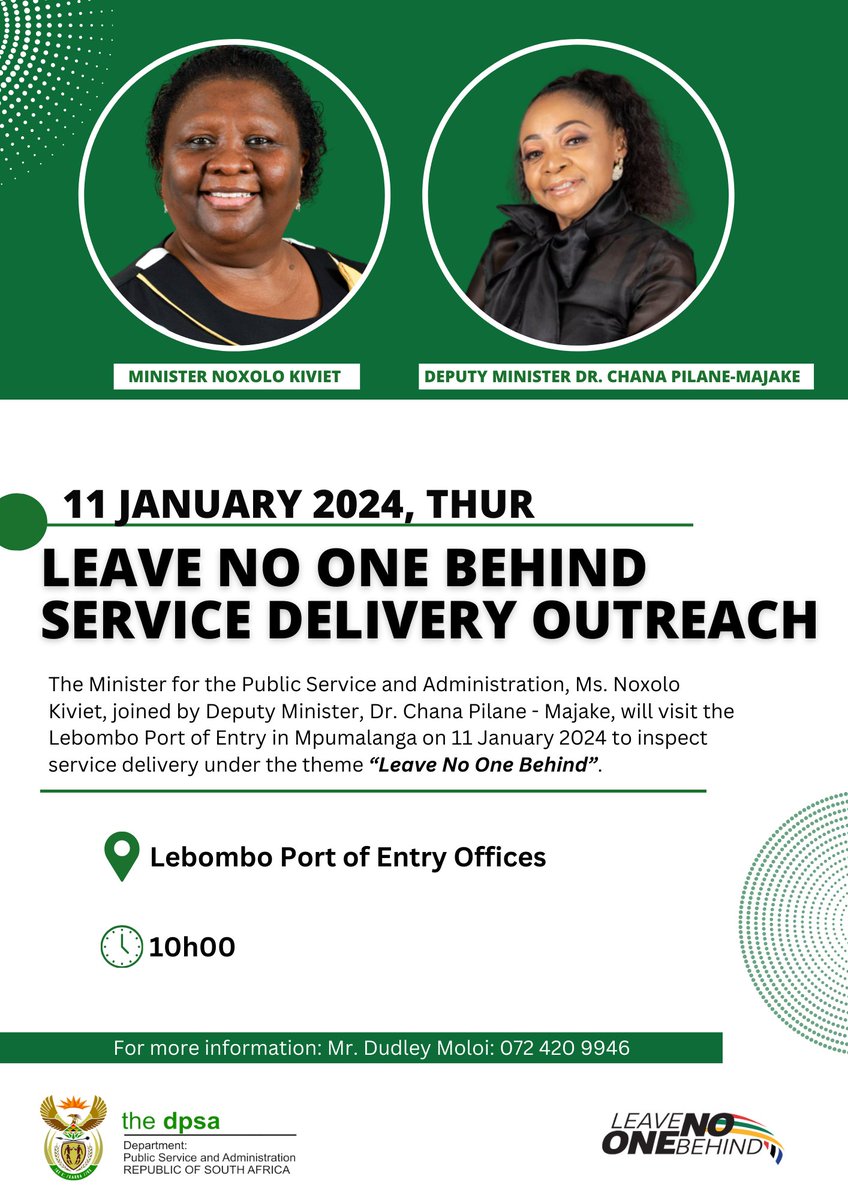The Minister for the Public Service and Administration, Ms. Noxolo Kiviet, joined by Deputy Minister, Dr. Chana Pilane - Majake, will visit the Lebombo Port of Entry in Mpumalanga on Thursday, 11 January 2024, to inspect service delivery under the theme “Leave No One Behind”.