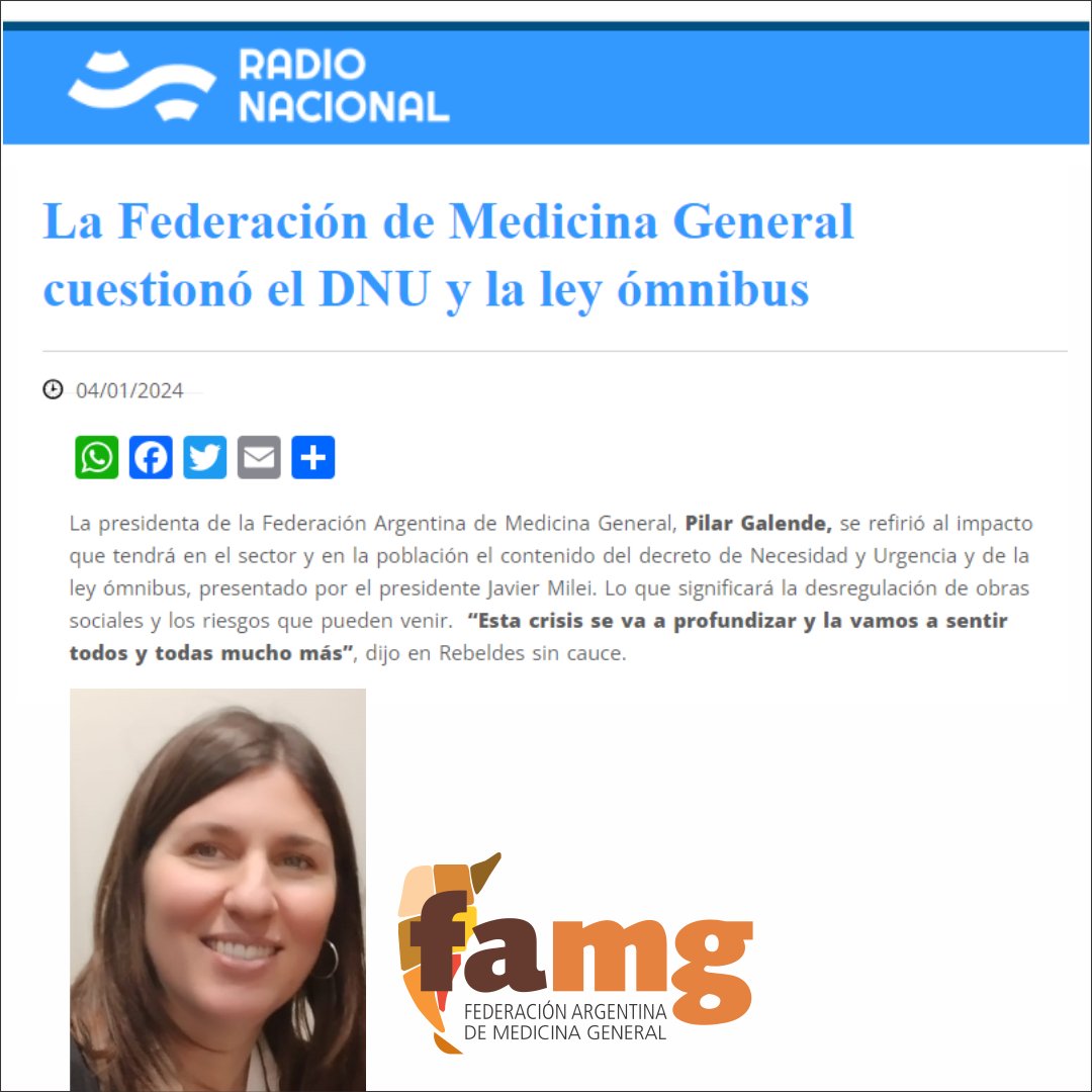 FAMedGral's tweet photo. Entrevista de Radio Nacional a @pilargalende. La presidenta FAMG se refirió al impacto que tendrán, en el sector y en la población, el DNU y la ley ómnibus. Nota completa en https://t.co/FMCidx2u4q
#FAMG
#equipodesalud
#medicinageneral
@pilargalende
@andreaobregon10 https://t.co/pLdbYutLao