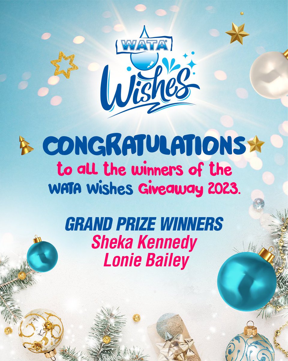 OfficialWATA's tweet photo. Congratulations to our Wata Wishes Winners!!🥳💧🎁
Thank you to all who entered and participated! We are always delighted to give back to our consumers and help grant a few wishes too 😉
We look forward to seeing you this Christmas!😉
Stay tuned!
#WATA #WataWishes #Giveaway https://t.co/1jfpw8V5TY