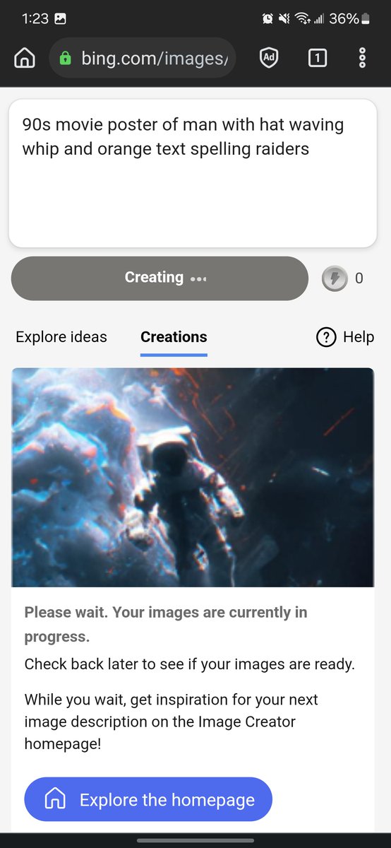 kerning_io's tweet photo. It's now been sitting like this for over an hour. Could be heavy web traffic, could be a shadow ban. Guess time will tell. #bingimagecreator #BingImageCreater #dalle3art /6 https://t.co/BoF7kY1eKA