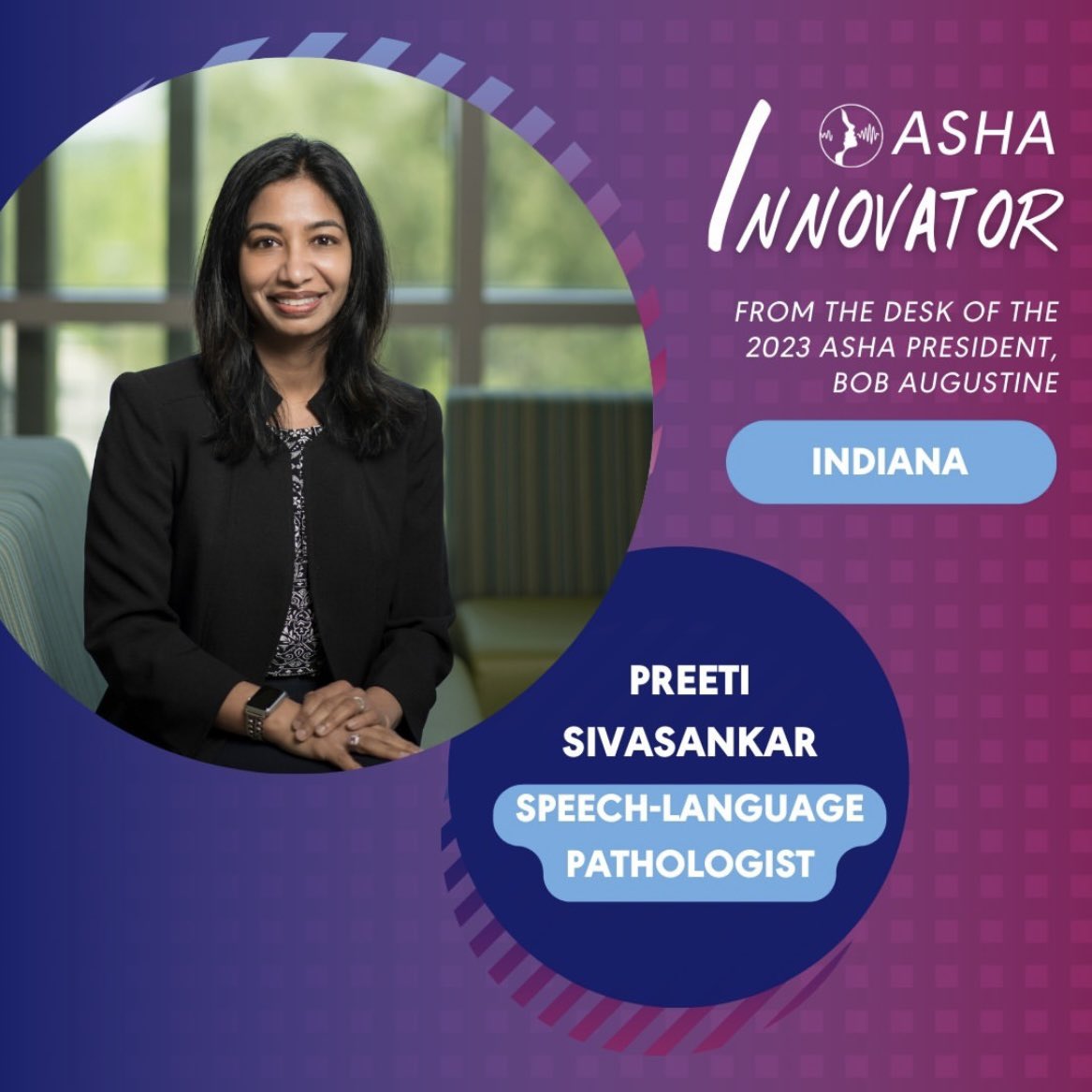 PurdueSLHS's tweet photo. @ASHAWeb features the latest #ASHAInnovator, @PreetiSLHS, an SLP in Indiana. Discover how Preeti first learned about the role of SLPs and see what led her to pursue a PhD to better understand voice disorders and the physiology of voice production when you read her story. https://t.co/rt6JffIShF