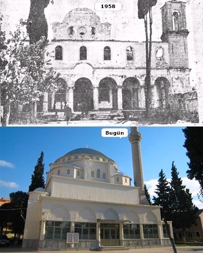 Buca Muradiye Camii, İzmir. 1950'lerin sonunda Evangelistriya Rum Ortodoks Kilisesi'nin arsası üzerine inşaa edilmiştir.