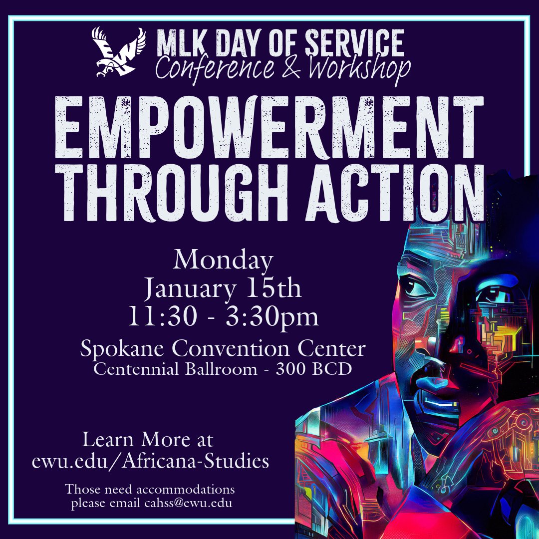 Join our community at “MLK Day of Service: Empowerment Through Action” on Monday at the Spokane Convention Center! #goeags #MLKDay2024 <a href="/DiversityEWU/">EWU Belonging, Development & Leadership</a> <a href="/EwuStudies/">EWUAfricanaStudies</a> 

Learn more &amp; view the full schedule of EWU activities for MLK Day: go.ewu.edu/mlkconference