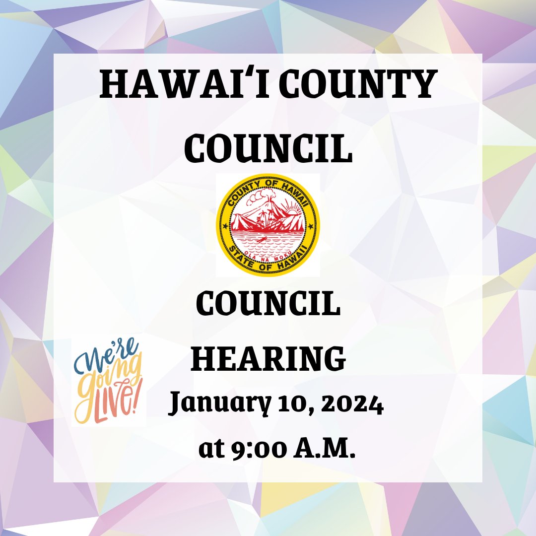 HiCountyCouncil's tweet photo. Hawai'i County Council Hearing will be live streaming today, Wednesday, January 10, 2024 at 9:00 AM. If you're interested in watching what's going on, please click below:

https://t.co/IdbjnzXVNh https://t.co/3wQRSQYWpe