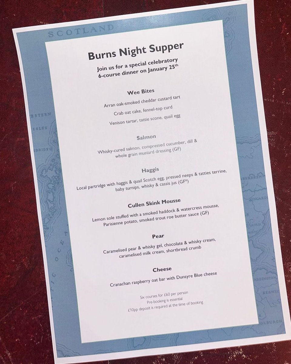Calling all Scotophiles! Burns Night is approaching and we have a treat in store. 🏴󠁧󠁢󠁳󠁣󠁴󠁿 🥃

We are offering, on January 25th only, a six course dinner menu  inspired by the traditional flavours of Scotland. It's all about the food. And the whisky...  Slàinte Mhath!
