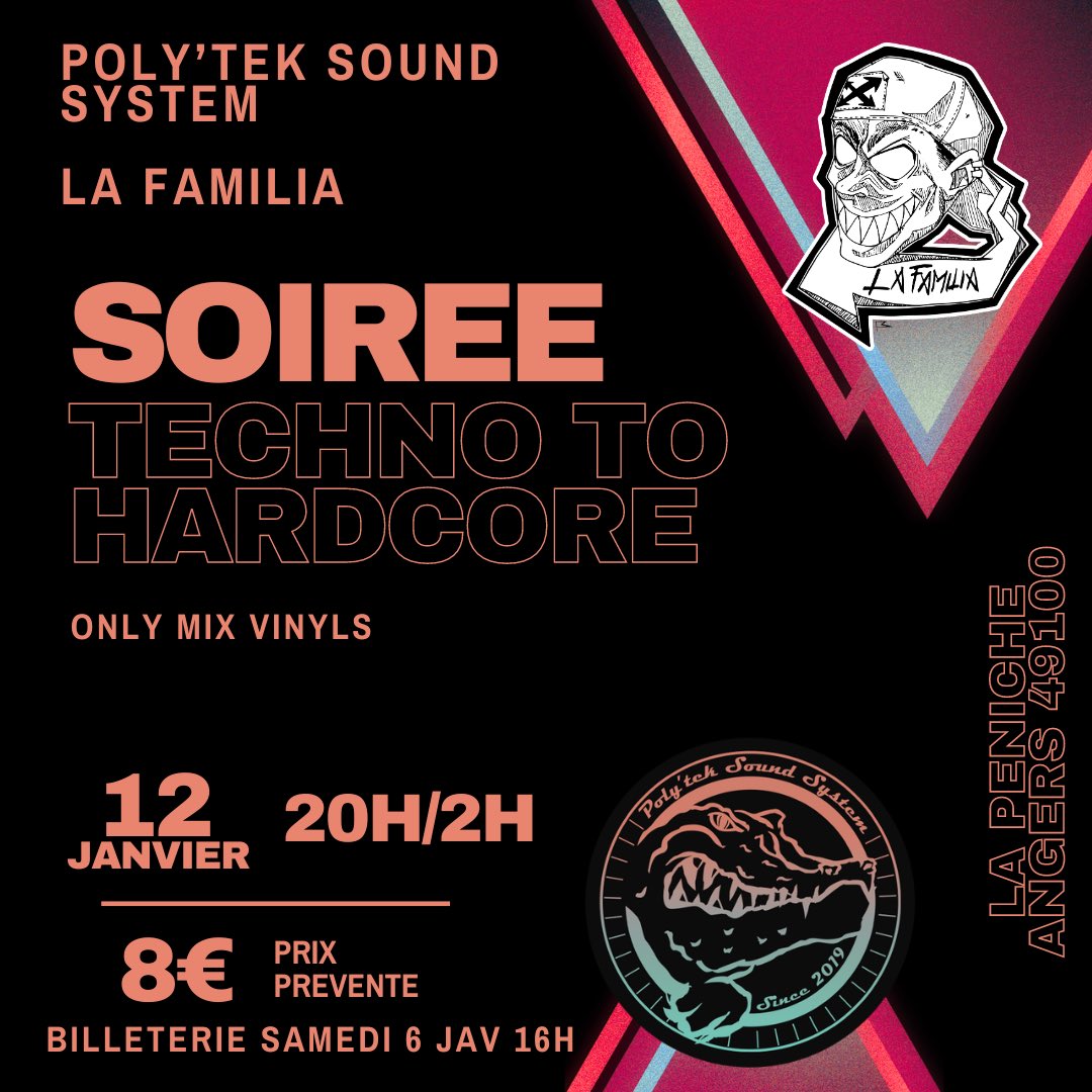 Vendredi 12 janvier vous pouvez retrouver la familia pour une soirée riche en hardcore avec que du mix vinyl !! 🏴‍☠️

Alors n’hésitez à venir nombreux pour nous soutenir et soutenir au projet ! 

Il reste encore des places de disponibles en prévente !!

helloasso.com/associations/b…