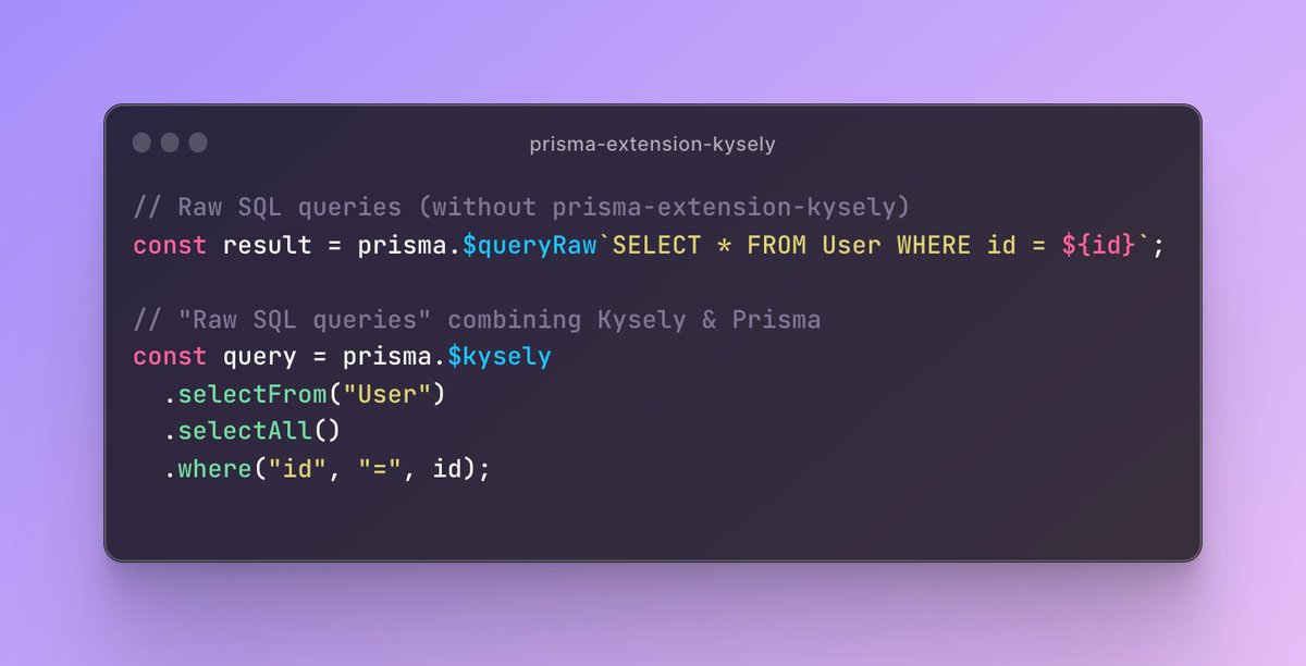 prisma's tweet photo. 🔐 Extension feature: prisma-extension-kysely

🤝 The prisma-extension-kysely by @realEoinOBrien enables you to combine Prisma and @kysely_ together to write type-safe raw SQL queries using Prisma Client.

Try it out and give it a 🌟 on GitHub
https://t.co/sT1Gt3ltE9 https://t.co/4h3o4oVFsv