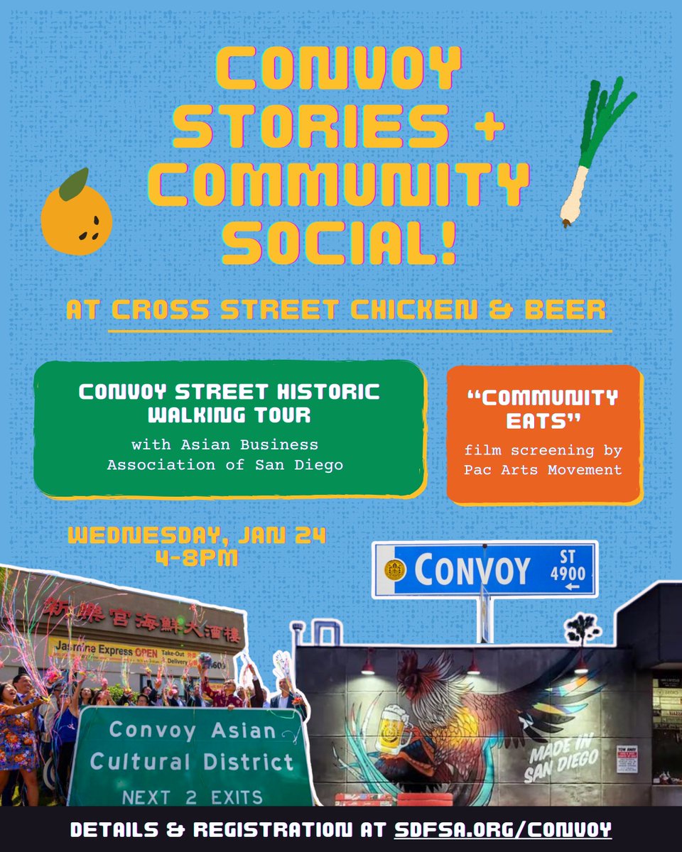 ConvoyDistrict's tweet photo. Be part of the Convoy Stories + Community Social! 🎉

Join @sdfoodsys @abasd @pacartsmovement for a delicious and meaningful winter social on Jan 24 at Cross Street Chicken and Beer 🍗🍻—in the heart of the vibrant Convoy District!

RSVP at: https://t.co/vUaZgeNM8q https://t.co/bdLsTapbCb