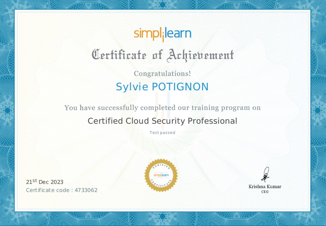 group_sofi29350's tweet image. Hats off to Mrs. Sylvie Potignon, our managing director, for successfully becoming a Certified Cloud Security Professional! A heartfelt thank you to Simplilearn for paving the way for this remarkable achievement. #CyberSecurityMasters #AchievementUnlocked #cybersecurity