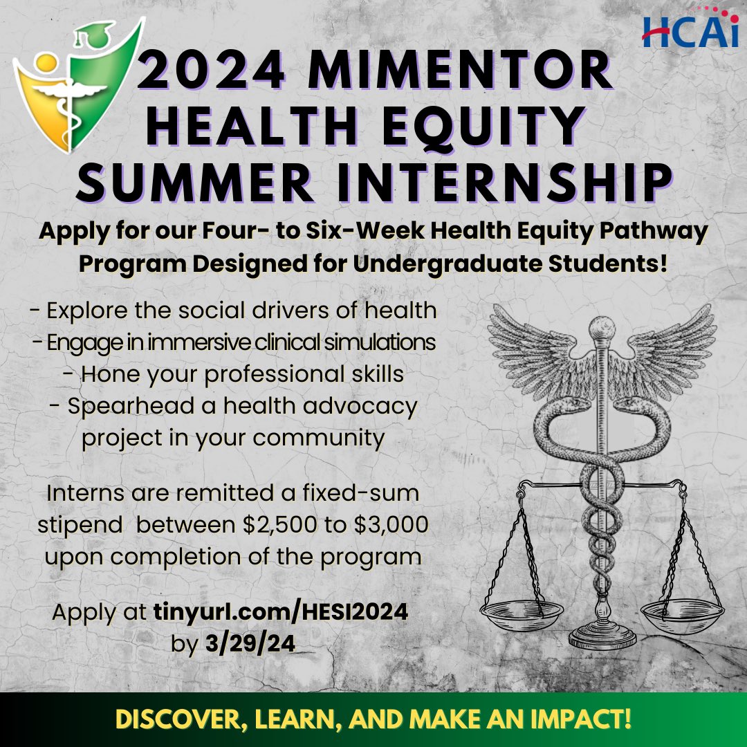 Applications for the 2024 MiMentor Health Equity Summer Internship (HESI) are OPEN!🌟🧑🏾‍⚕️🌍 🔗 Learn more and apply at tinyurl.com/HESI2024 🌟🩺 @CA_HCAI