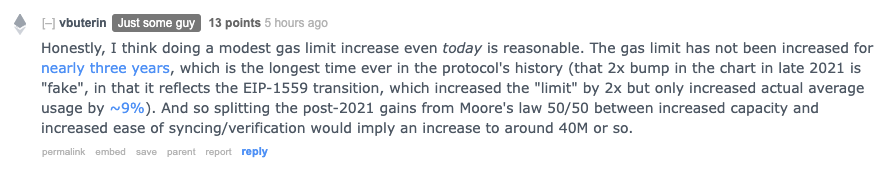 Looks like <a href="/VitalikButerin/">vitalik.eth</a> is onboard with a higher gas limit per block (33% increase).

What does this mean for users?

Lower gas fees for txns and potentially a higher tps (more txns can be processed per block).