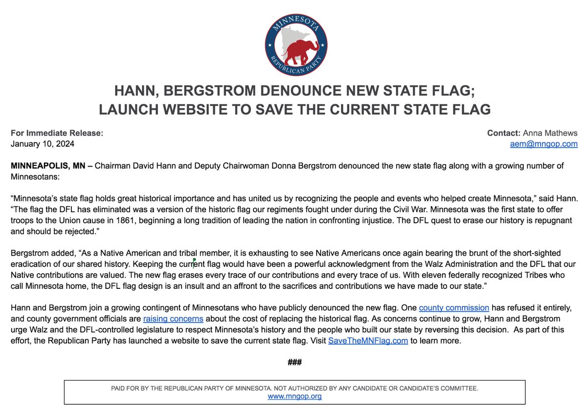 Chairman Hann & Deputy Chairwoman Bergstrom denounce new state flag; launch website to save the current flag: mngop.org/2024/01/09/han…