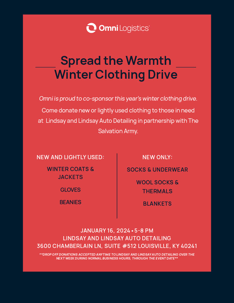 Join us in making a difference! If you're in the Louisville, KY area on 1/16, help us #spreadthewarmth. Omni Logistics along with Lindsay &amp; Lindsay Auto Detailing and The Salvation Army will be accepting new or gently used winter clothing to donate to those in need.