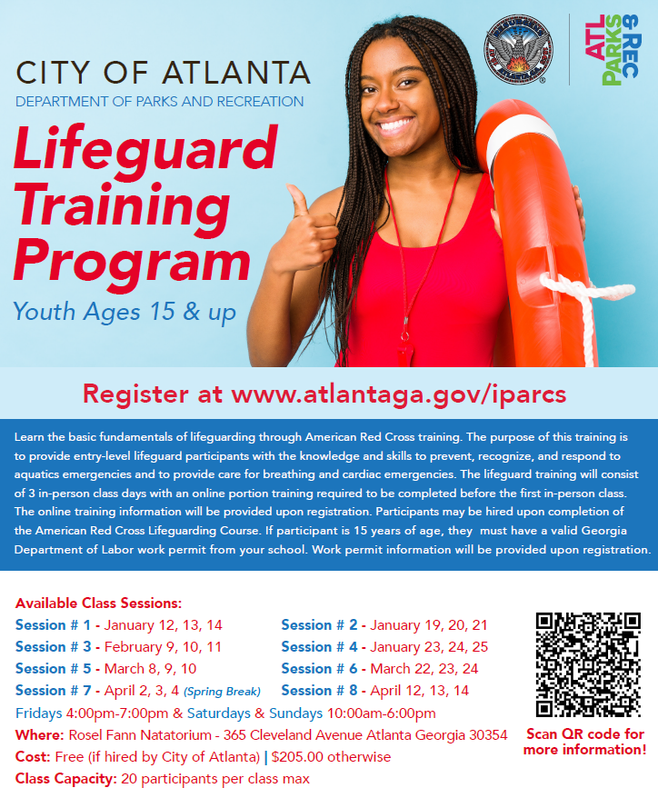 🚨 APS High School Scholars! The City of Atlanta Department of Parks and Recreation is offering lifeguard training for APS students. This is a great opportunity for you to earn a summer job at one of @ATLParksandRec outdoor & indoor pools! Check out the flyer for more details!