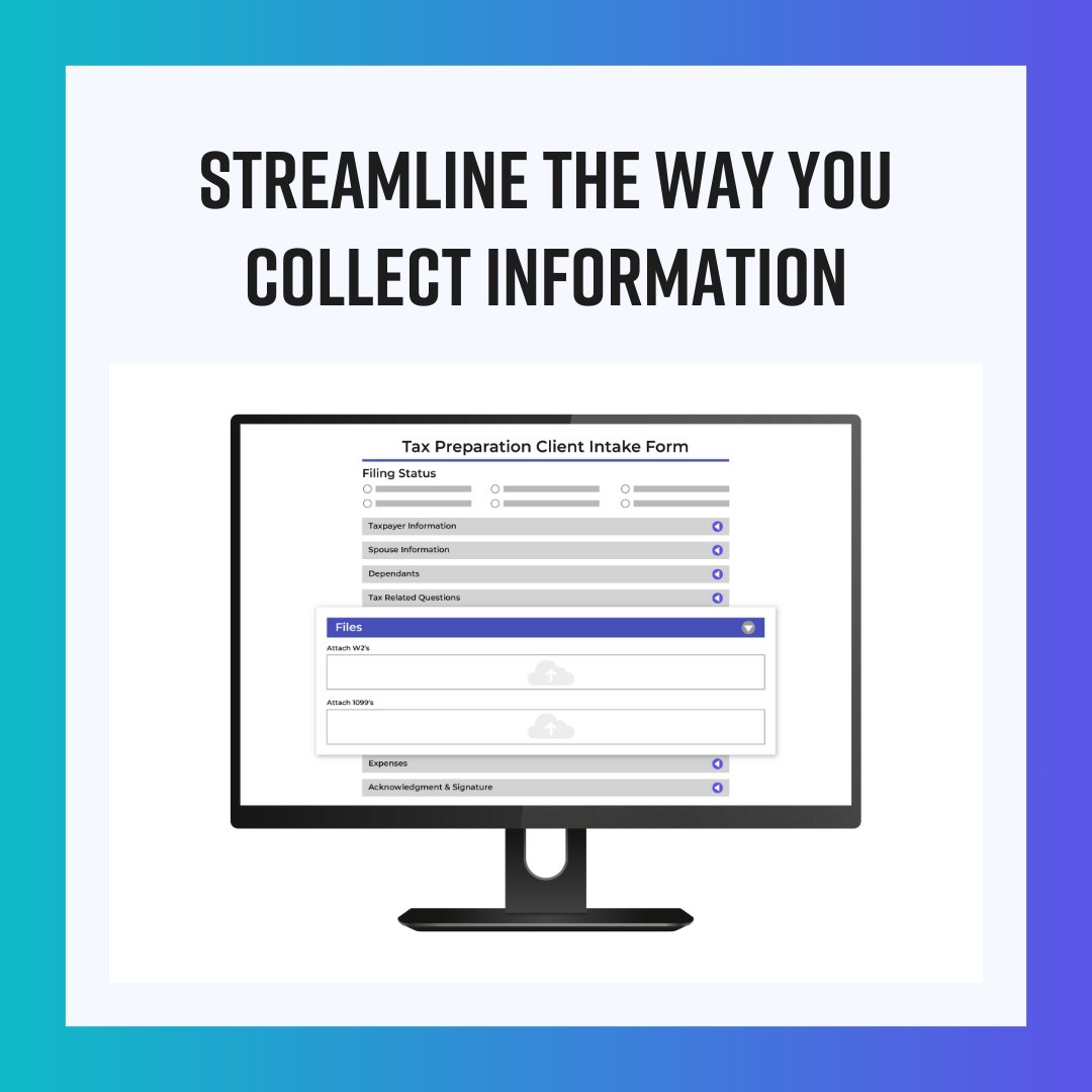 Have you ever started working on a client file just to realize you don’t have all the information or someone forgot to submit something?

We get it, our Data Collection Solution is your answer to streamlining data collection and eliminating human errors!

#DataCollection