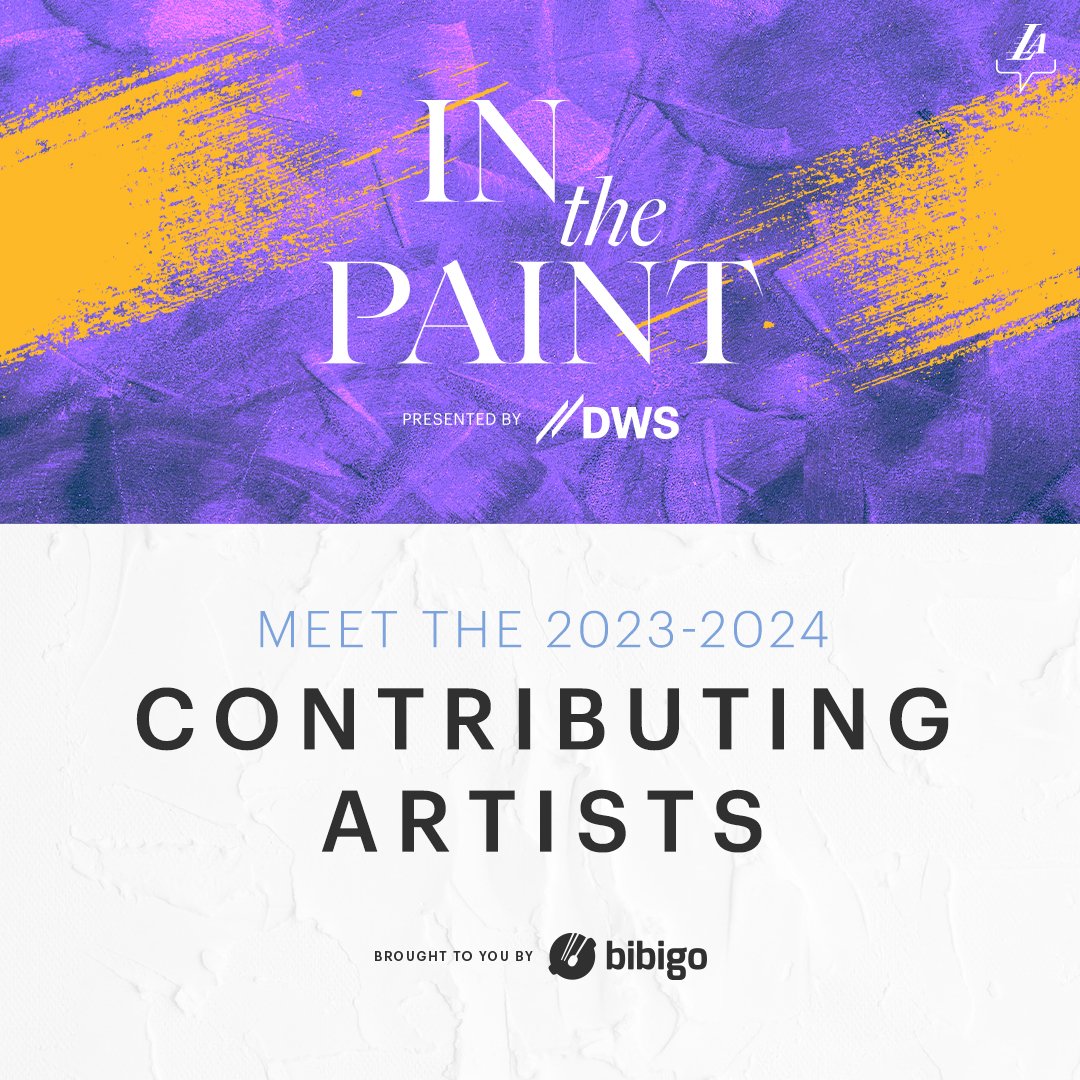 Lakers's tweet photo. At the intersection of sports and culture, the Lakers are building this connection by recognizing, supporting, and uplifting our local community of BIPOC artists through In the Paint.

@bibigoUSA | Meet the Artists

💻 https://t.co/p7X0Y70L25 https://t.co/dEn3uHnyfL