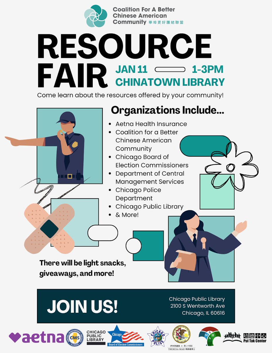 CBCACchicago's tweet photo. Join us TOMORROW (1/11) for a resource fair at the Chinatown Library from 1-3pm! There will be many organizations prepared to assist you and provide information, as well as light snacks, giveaways, and more! https://t.co/I4geLnSjdI