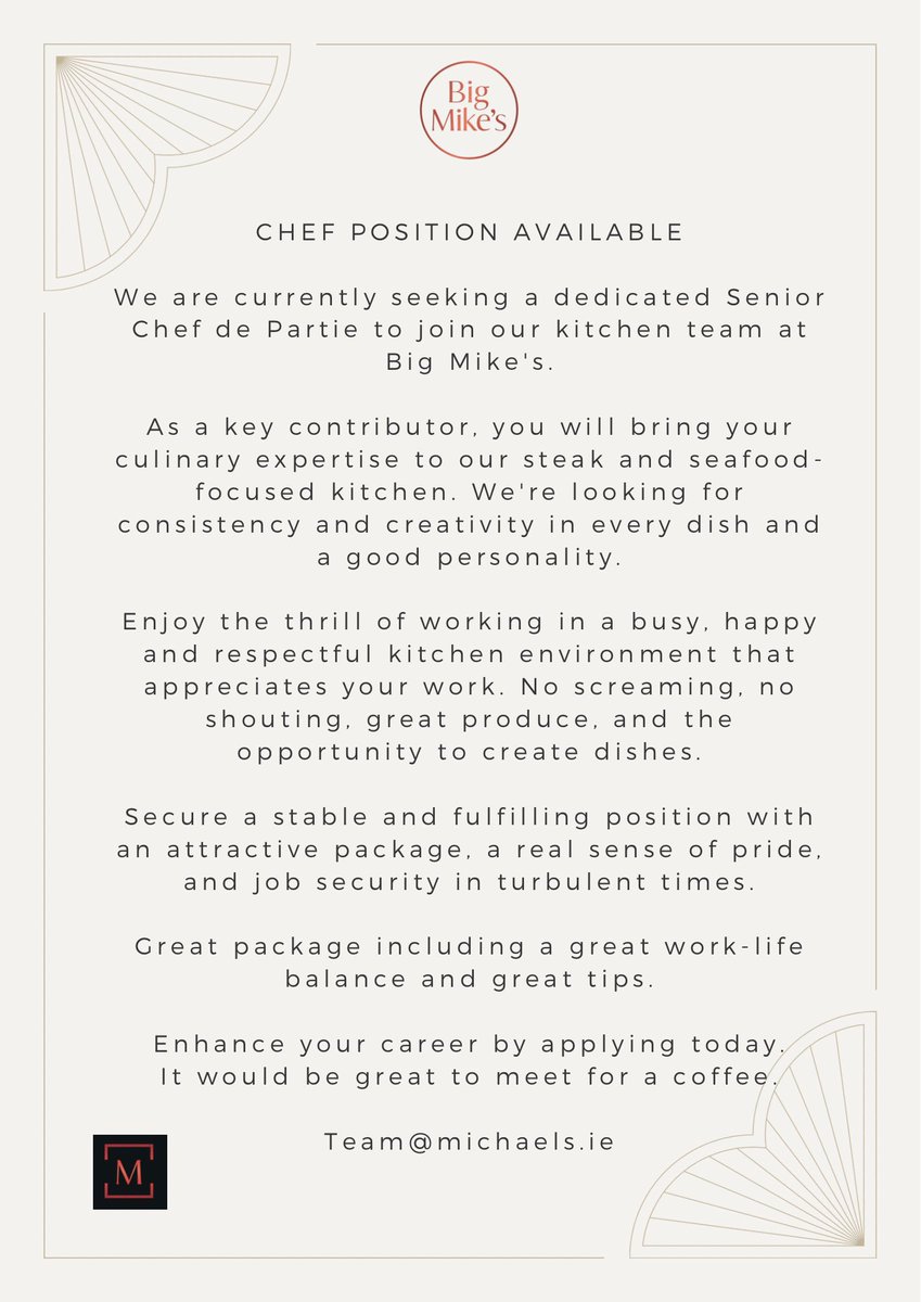 We are seeking 2 strong Chef de Parties for Big Mike’s as we expand our teams For this lovely role, you'll need a minimum of 3 years in a reputable kitchen, a pleasant personality to be part of a very nice team, and the ability to select, work with and cook incredible produce.…